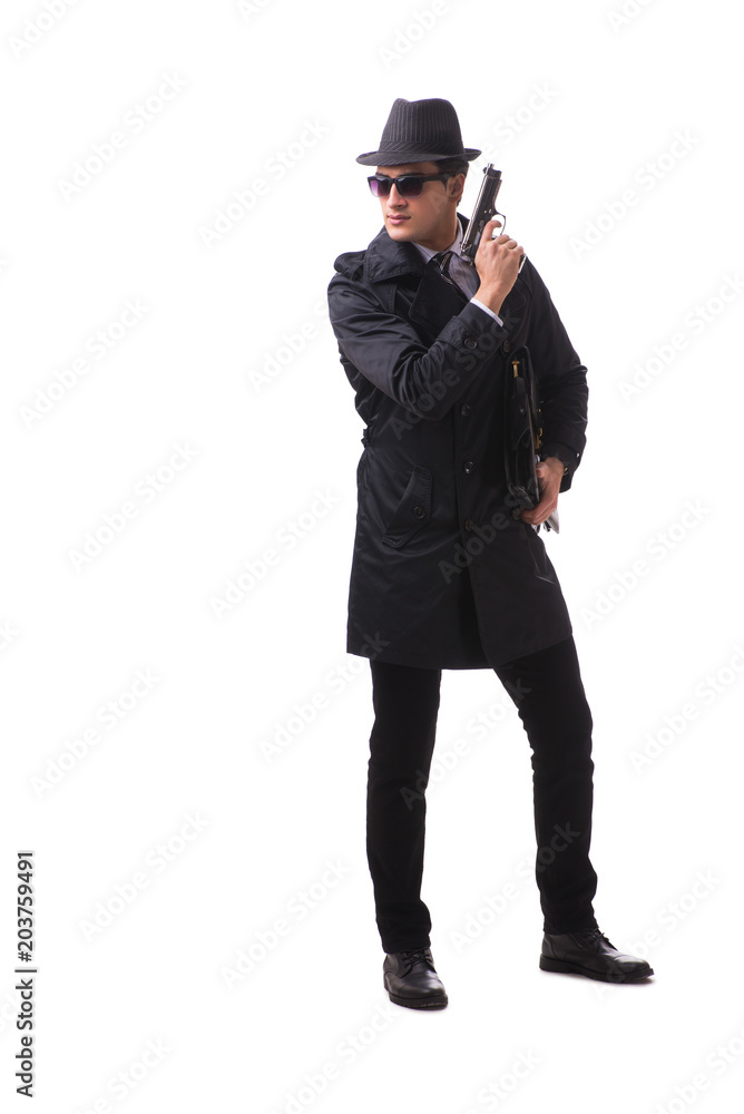Man spy with handgun isolated on white background Man spy with handgun isolated on white background