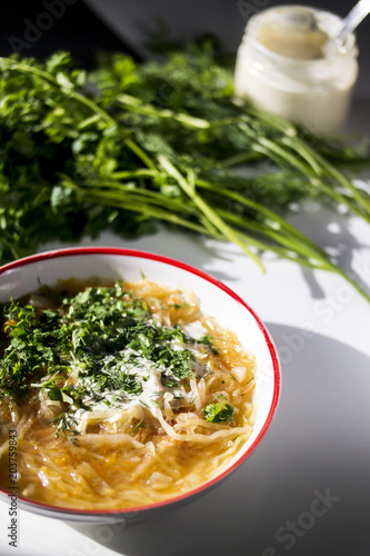 Ukrainian traditional soup with cabbage and meat (kapusnyak) photo