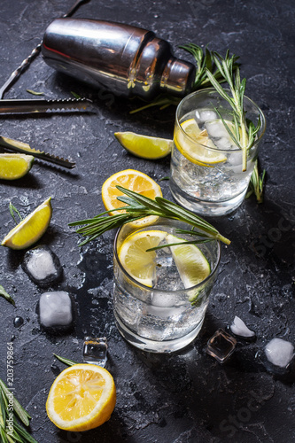 фотографія Alcoholic drink gin tonic cocktail with lemon, rosemary and ice on stone table