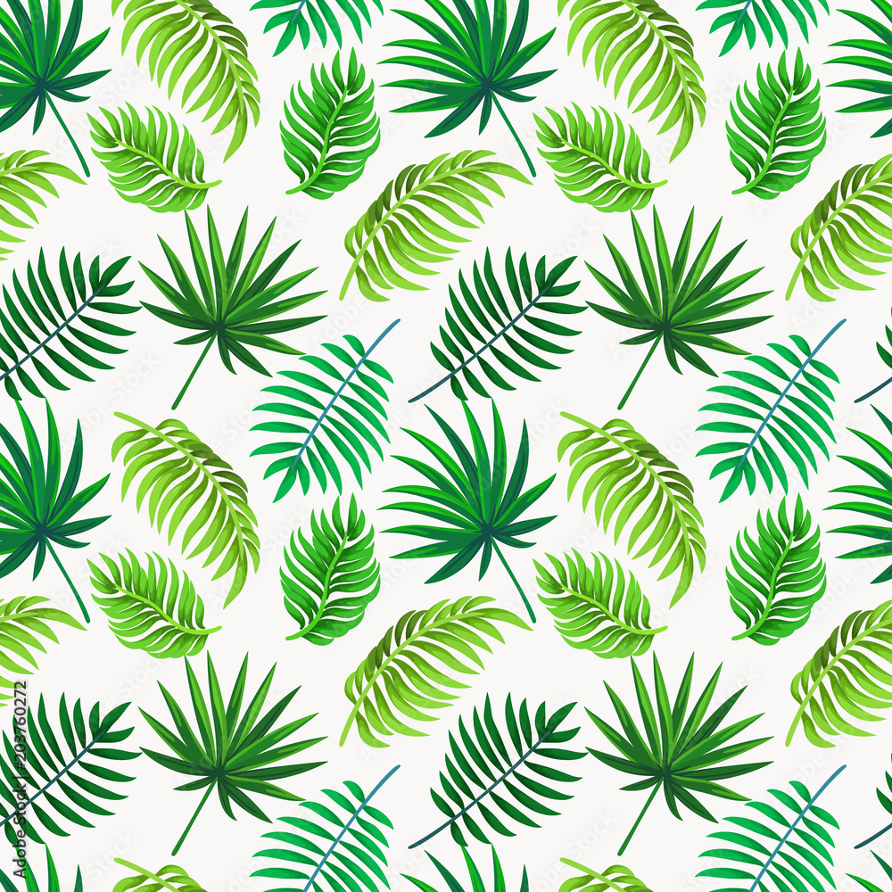 Vector seamless tropical pattern with palm leaves on light background. Floral illustration for textile, print, wallpapers, wrapping.