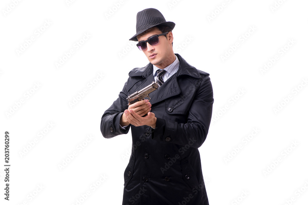 Man spy with handgun isolated on white background Man spy with handgun isolated on white background