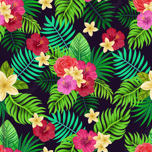 Vector seamless tropical pattern with palm leaves and flowers on dark background. Colourful floral illustration for textile, print, wallpapers, wrapping. © Irina