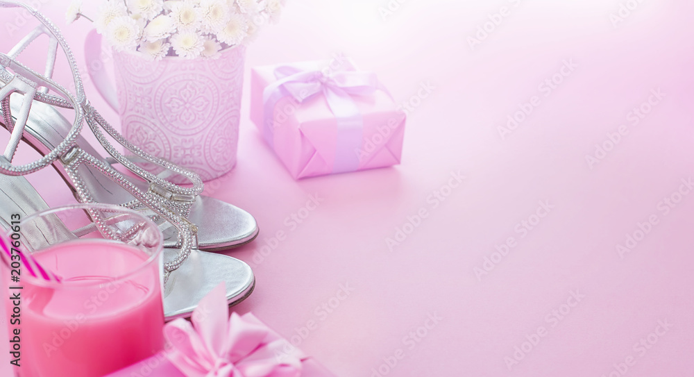 Banner Gift box with satin ribbon bow for women Flowers Buy Shoes a Glass of Cocktail.