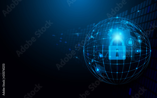 Abstract global and network and security futuristic technology connection concept dark blue background