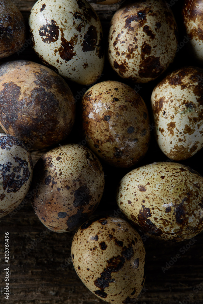 Spotted quail eggs arranged on the background of old wooden boards, with copy-space, selective focus. Spotted quail eggs arranged on the background of old wooden boards, with copy-space, selective focus.