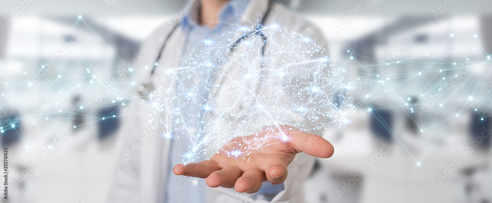 Fototapeta premium Doctor holding digital brain interface 3D rendering