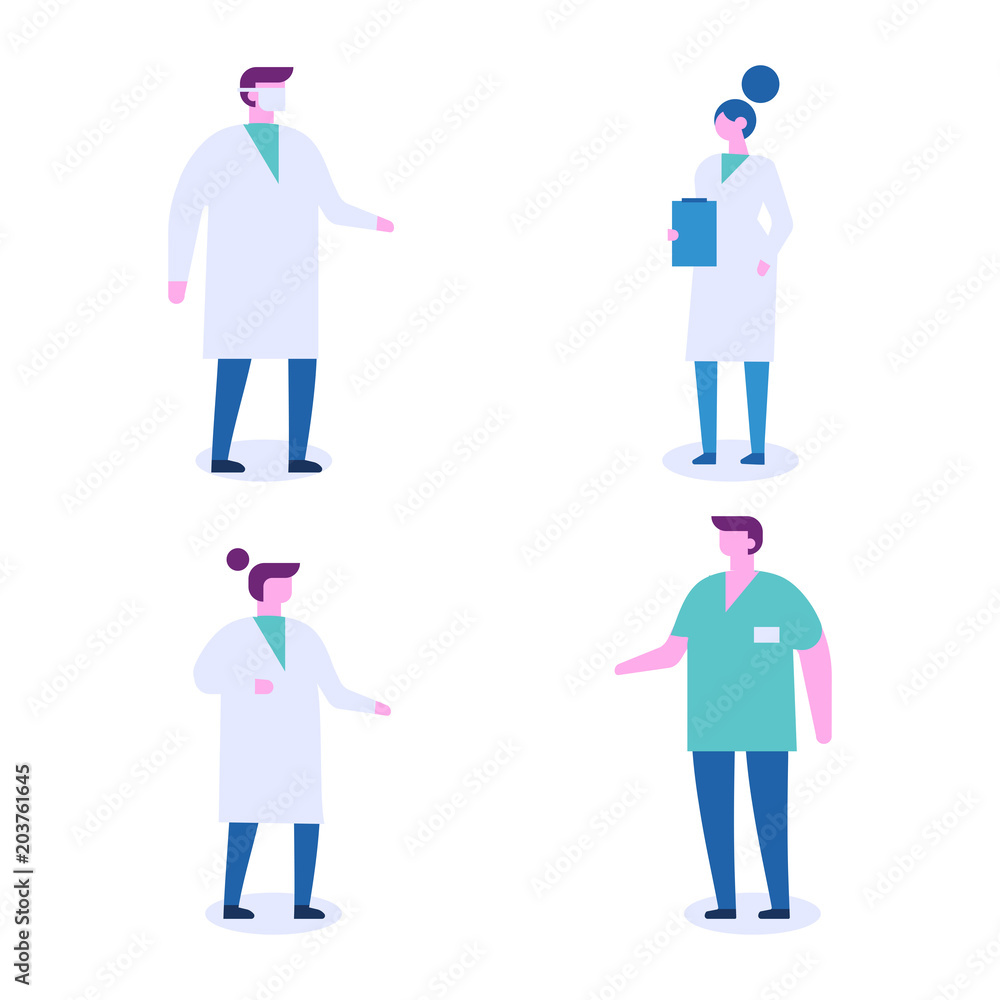 People occupations.  Clinic or hospital team. Surgeon, nurse, doctor, paramedic, medic. Flat vector illustration isolated on white.