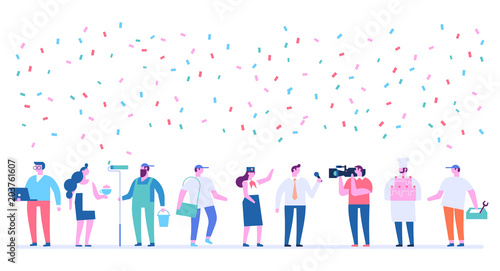 Labor Day. Poster with people of different occupations . Flat vector ilustration.