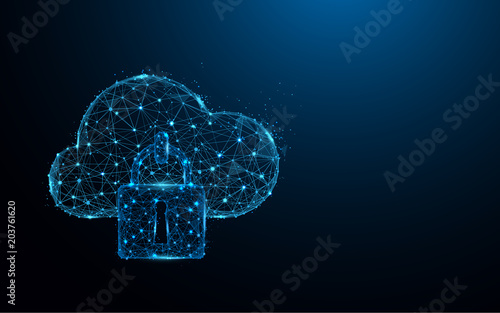Cloud security icon form lines and triangles, point connecting network on blue background. Illustration vector