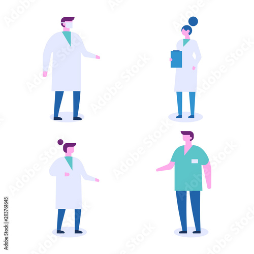 People occupations.  Clinic or hospital team. Surgeon, nurse, doctor, paramedic, medic. Flat vector illustration isolated on white.
