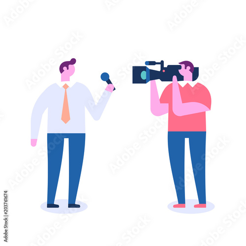 Journalist reporter at work. Correspondent and camera man performing news report. Flat vector illustration isolated on white.