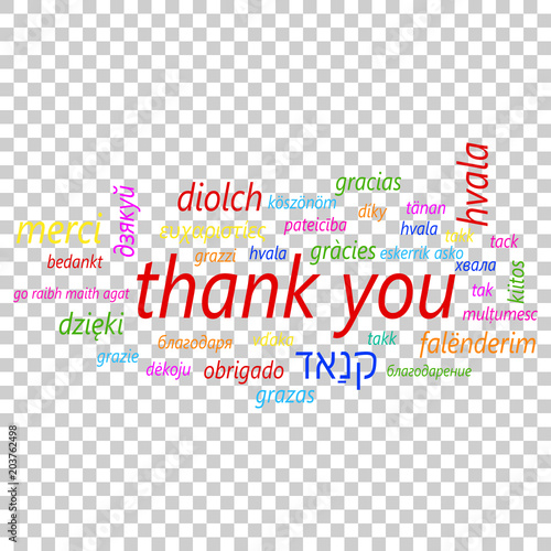 Colorful thank you in many languages vector icon. Global thank you text flat vector illustration. Business concept pictogram on isolated transparent background.