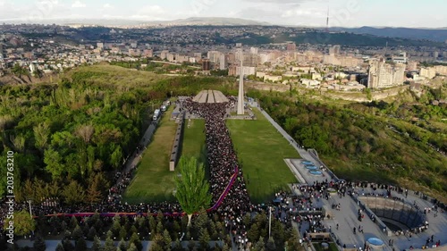 Aerial view of the people commemorating the Armenian genocide at Tsitsernakaberd Genocide Memorial site in Yerevan, Armenia