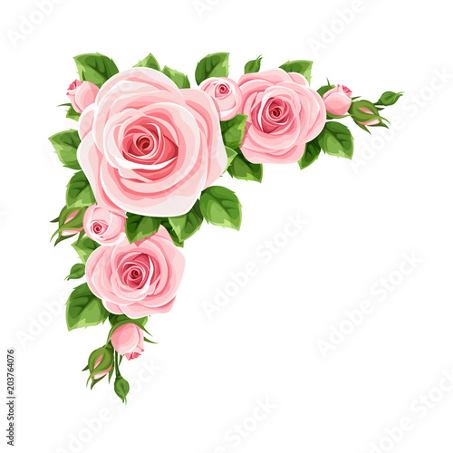 Vector corner background with pink roses and green leaves.