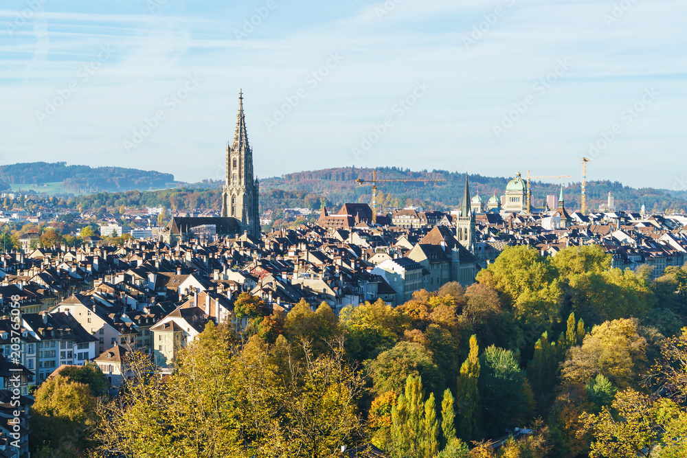 Aerial view of city with Minster gothic cathedral, Bern, Switzerland