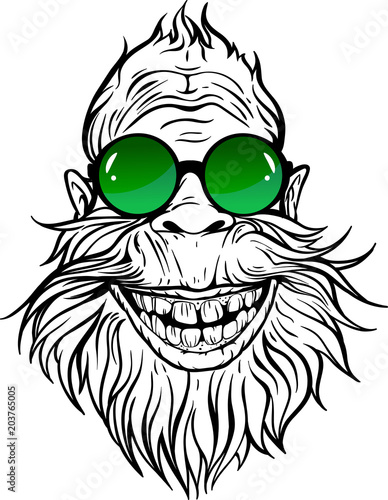 Yeti in green round sunglasses.