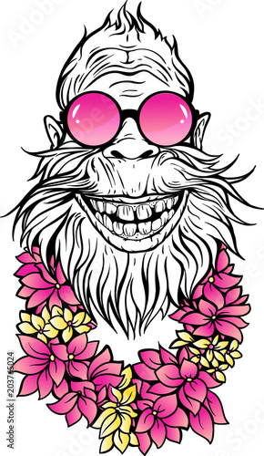 Yeti in sunglasses and hawaiian lei.