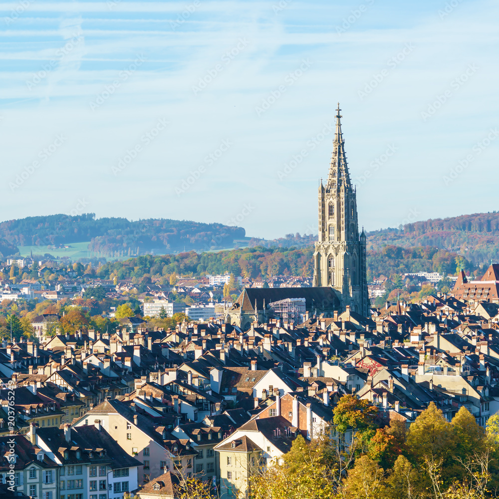 Aerial view of city with Minster gothic cathedral, Bern, Switzerland