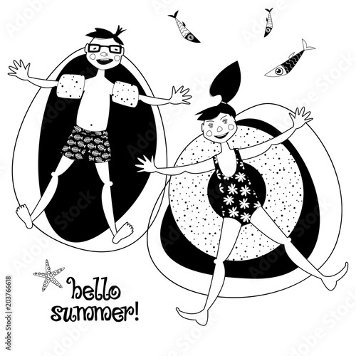 Boy wearing inflatable armbands and girl with a float rubber safety ring swimming in the sea. Hello summer! Black and white.