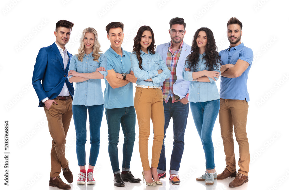happy mixed group of seven wearing casual clothes