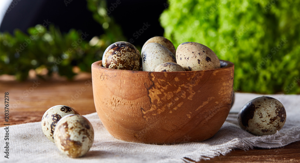 Preparation for making healthy salad with quail eggs, top view, close-up, selective focus Preparation for making healthy salad with quail eggs, top view, close-up, selective focus