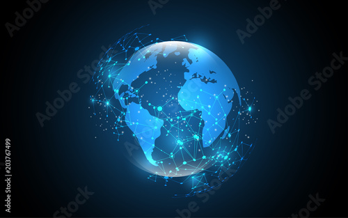 Fotografiet Global network connection World map abstract technology background global busine