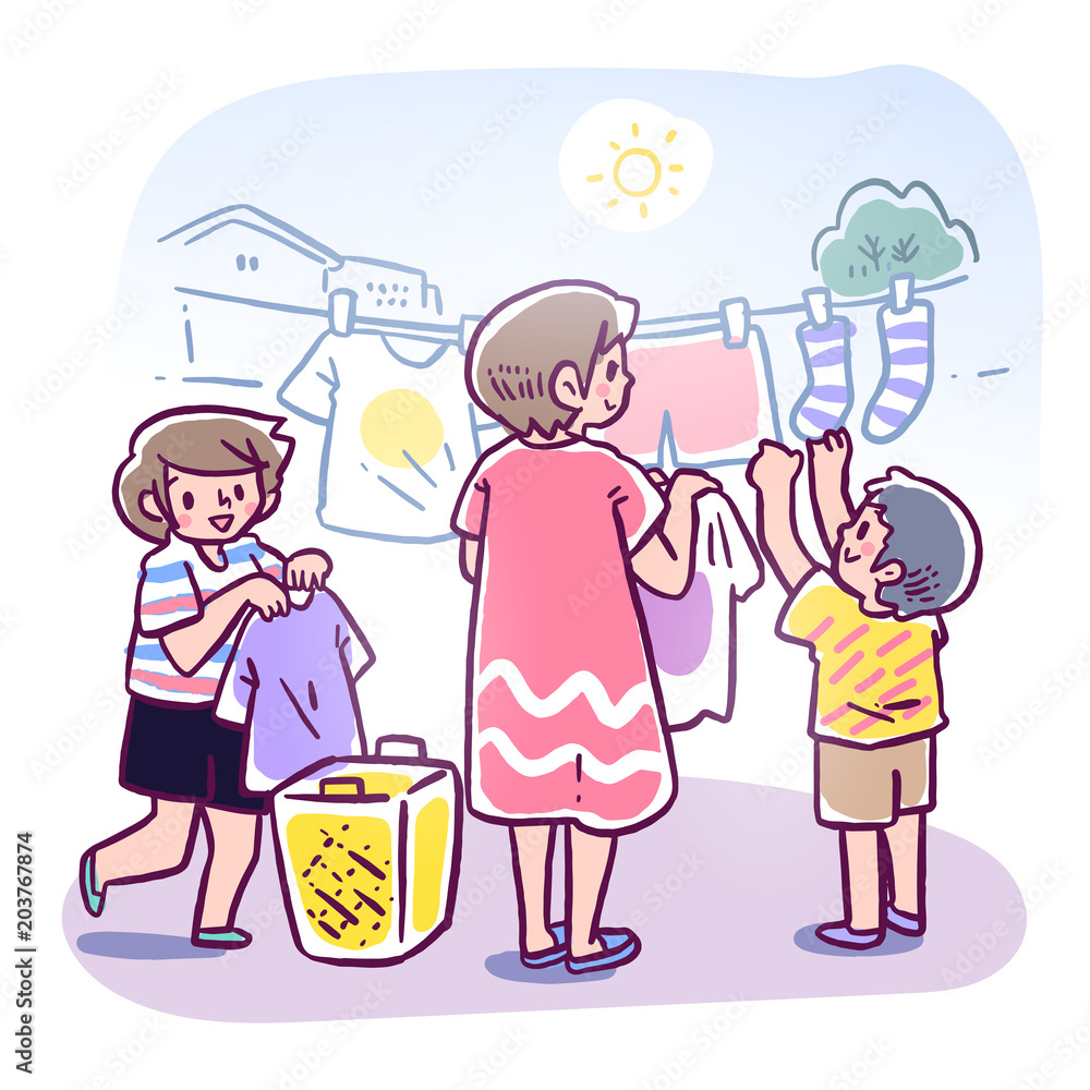 Vector illustration of girl and boy, helping their mother hanging and drying washed clothes together in the sunny day Vector illustration of girl and boy, helping their mother hanging and drying washed clothes together in the sunny day