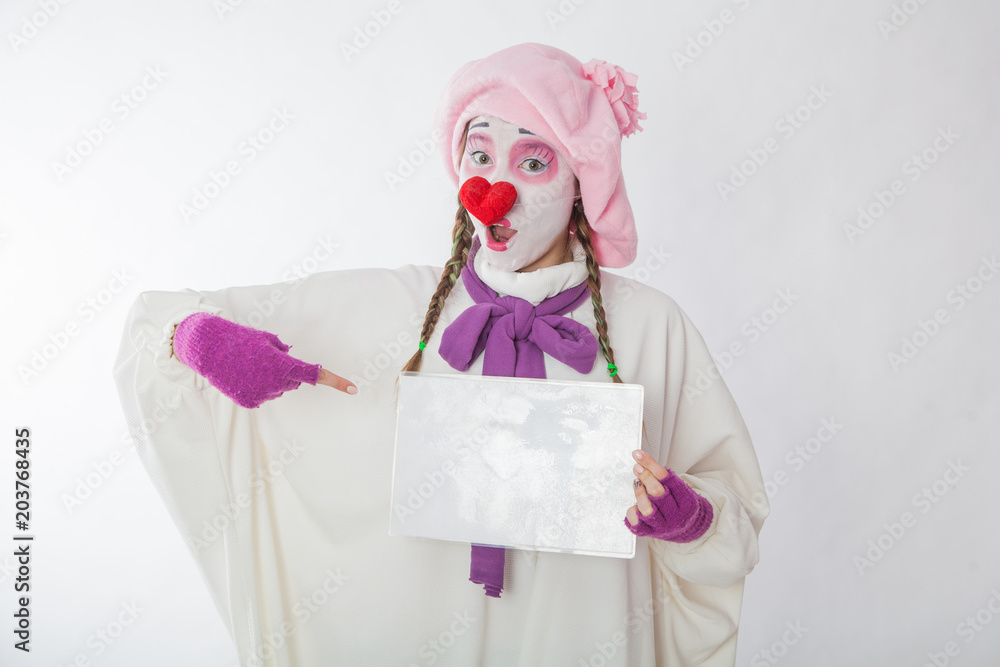 mime girl holding a sign for inscriptions. Human emotions