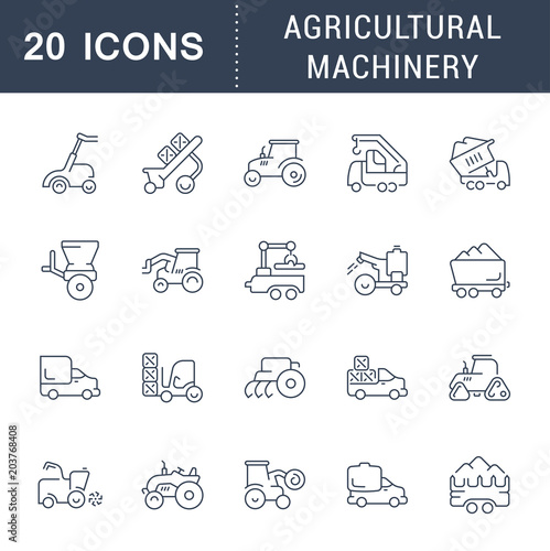 Set Vector Line Icons of Agricultural Machinery.
