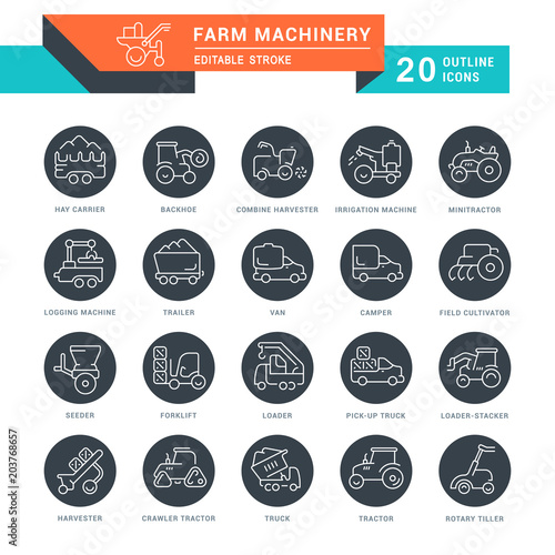 Set Vector Line Icons of Farm Machinery.