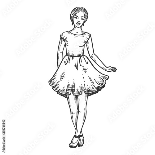 Young woman in dress engraving vector illustration