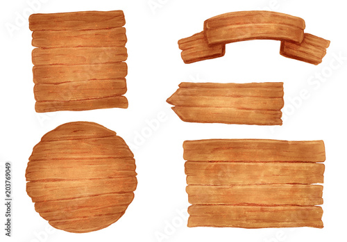 Set of cartoon wooden banner, frame or signboard different forms from plank signs isolated on white background. Hand drawn illustration.