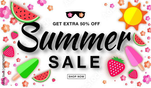 Summer sale template horizontal flat banner, hand drawn typographic lettering on white background with flat paper sun, watermelon, ice cream, strawberry, flower, vector summer design elements.
