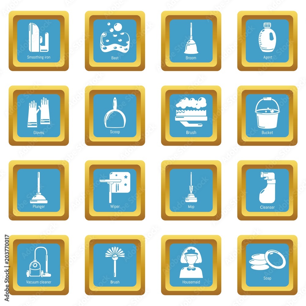Cleaning tools icons set vector sapphirine square isolated on white background Cleaning tools icons set vector sapphirine square isolated on white background