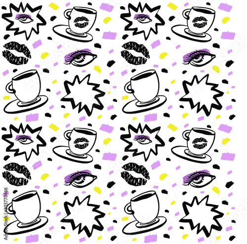 Vector hand drawn ink seamless pattern with woman eye, closed eyes and coffee cup with lipstick. Black, purple and yellow on white background. Design for prints, textile, and web in beauty industry