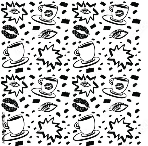 Vector hand drawn ink seamless pattern with woman eye, closed eyes and coffee cup with lipstick. Isolated black on white background. Design for prints, textile, posters and web in beauty industry