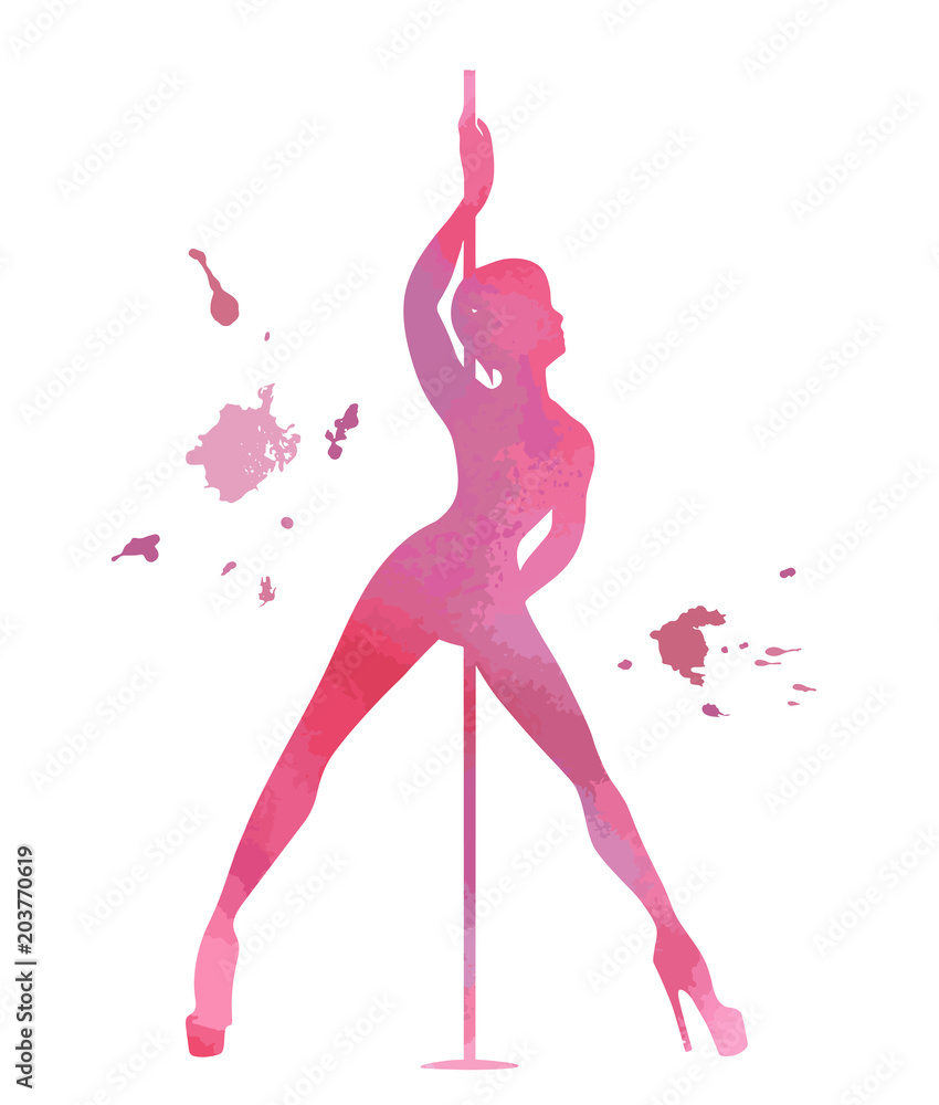 Vector silhouette pole dance with watercolor texture on a white