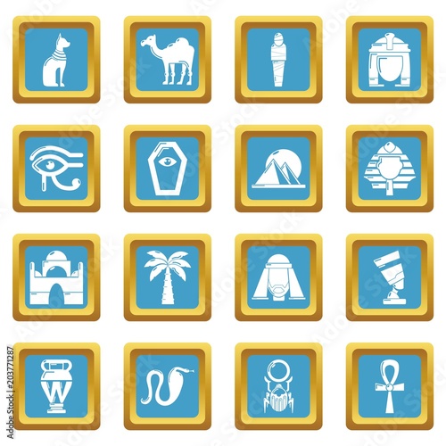 Egypt travel icons set vector sapphirine square isolated on white background 