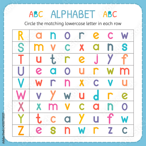 Circle the matching lowercase letter in each row. From R to Z. Worksheet for kindergarten and preschool. Exercises for children