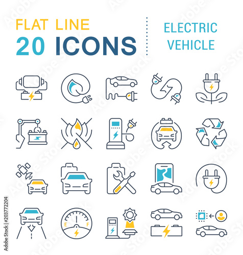 Set Vector Line Icons of Electric Vehicle.