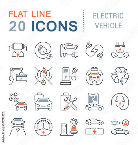 Set Vector Line Icons of Electric Vehicle.