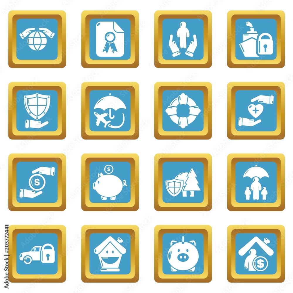 Insurance icons set vector sapphirine square isolated on white background Insurance icons set vector sapphirine square isolated on white background
