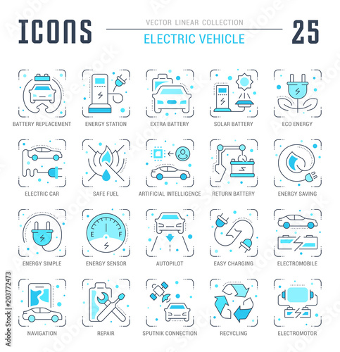 Set Blue Line Icons of Electric Vehicle.