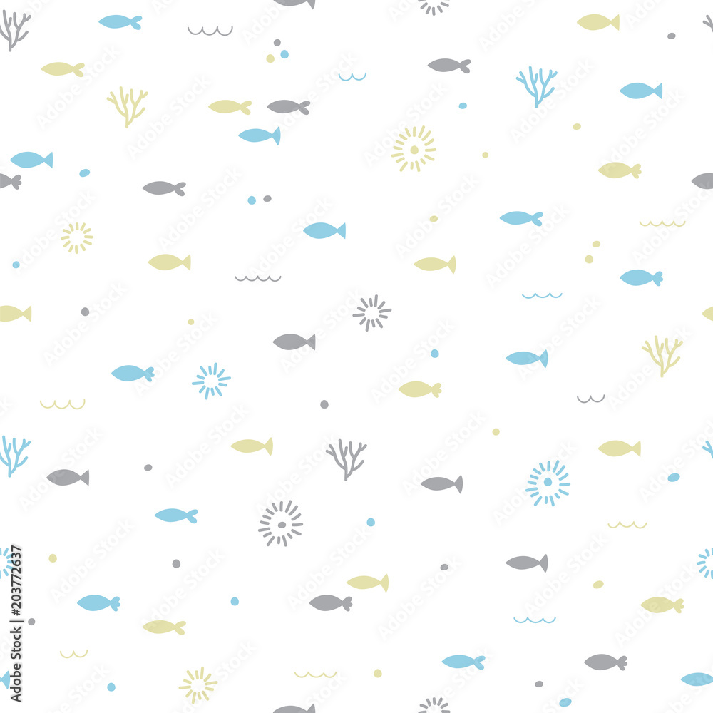 Fototapeta premium Cute childish seamless pattern. Hand drawn funny little fish. Marine background. Kids texture. Sea, ocean