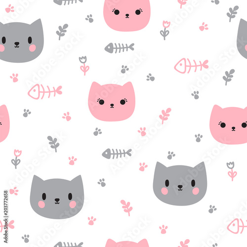Cute seamless pattern with hand drawn cats. Background for little kids. Funny cartoon animals