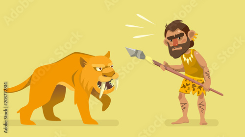 situation meeting primitive hunter and saber-toothed tiger. illustration for kids book. vector