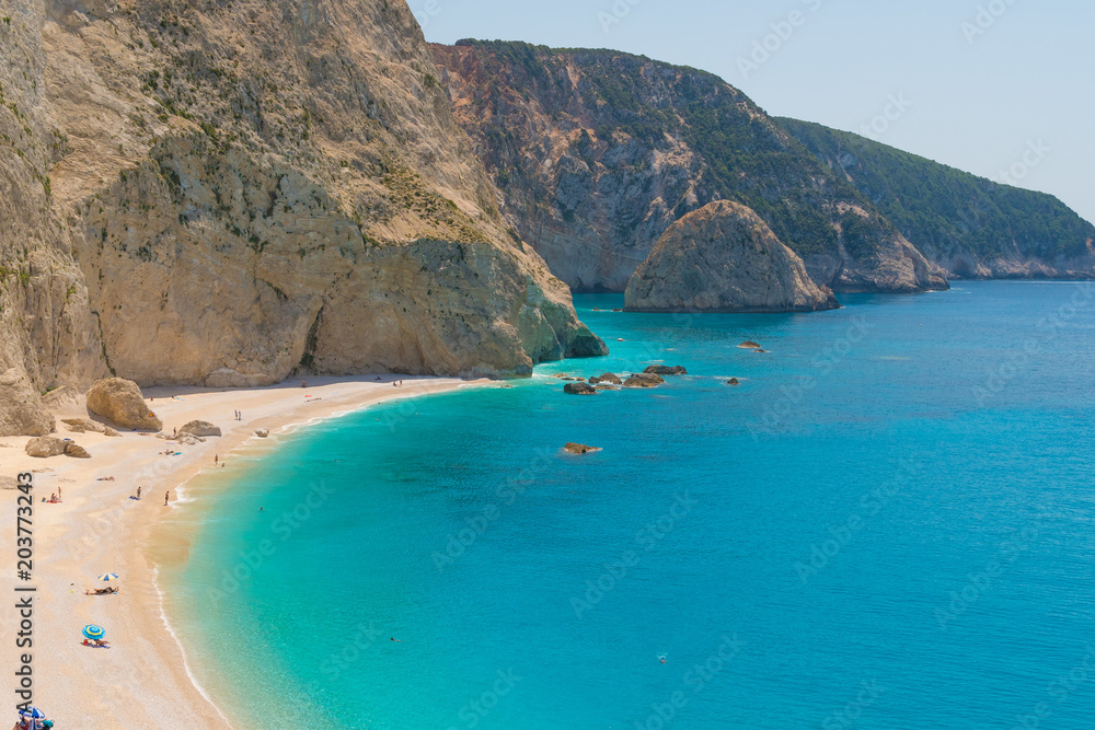 Porto Katsiki beach in Lefkada ionian island in Greece. View of the endless turquoise waters of the ocean