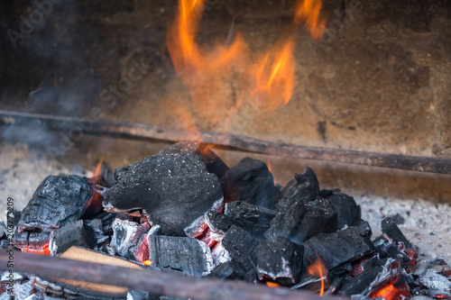 Hot black and red coals for barbecue, fire