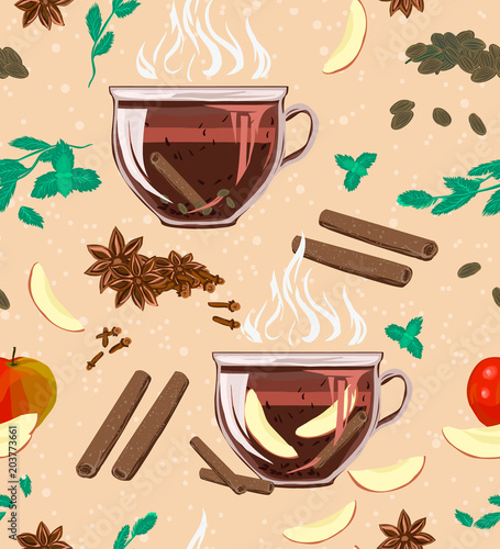 A seamless cozy pattern with large-leaf black tea, mint, cinnamon, cloves, cardamom and apple. Vector illustration for Packaging promotional product, menu or recipe. Aroma, taste of useful tea!