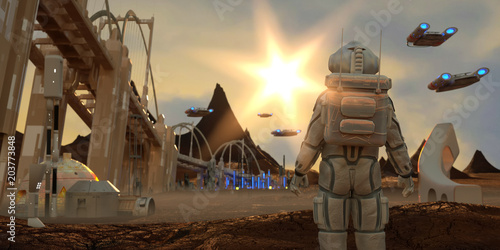 Fototapeta Naklejka Na Ścianę i Meble -  3D Illustration of Space station on Mars colony of pioneers future city